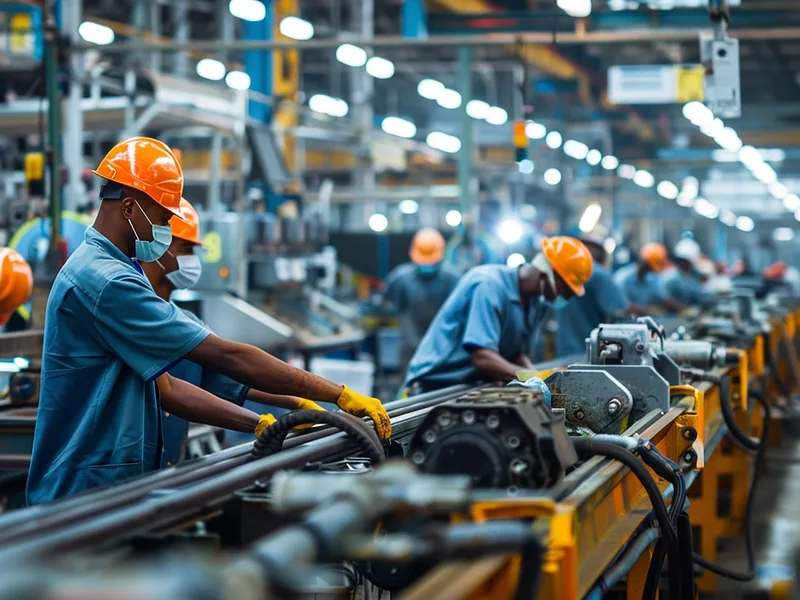Factory line workers in safety helmets and high visibility vests